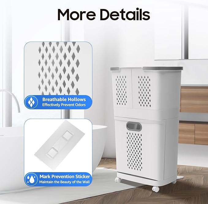 2-Tier Laundry Basket Sorter & Movable Laundry Hamper, Storage Organizer with 4 Wheels and Handles, Large Capacity Clothes Sorter for Bathroom Bedroom Laundry Room Closet Organization