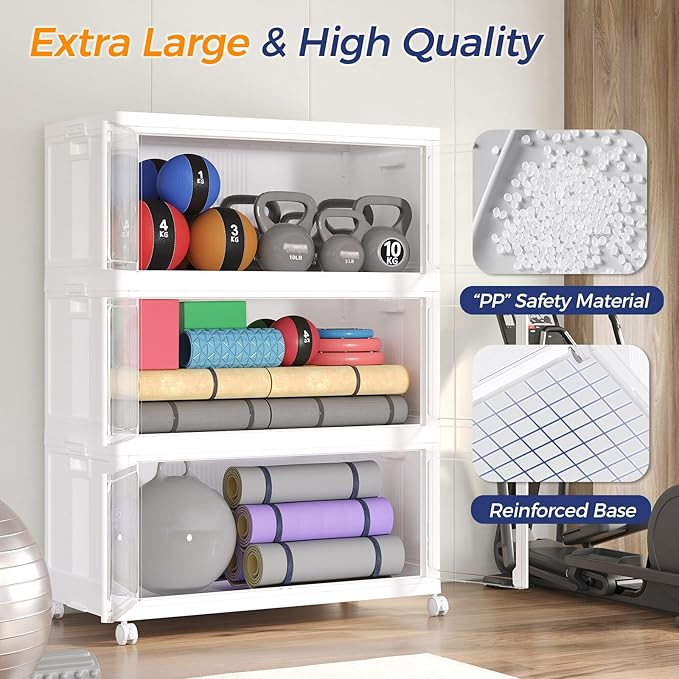 600Qt Stackable Storage Bins with Lid and Wheels, 150Gal Plastic Closet Organizer and Storage Drawer, Large Collapsible Storage Box Cabinet with Clear Door for Home Kitchen Office, 3Pack White