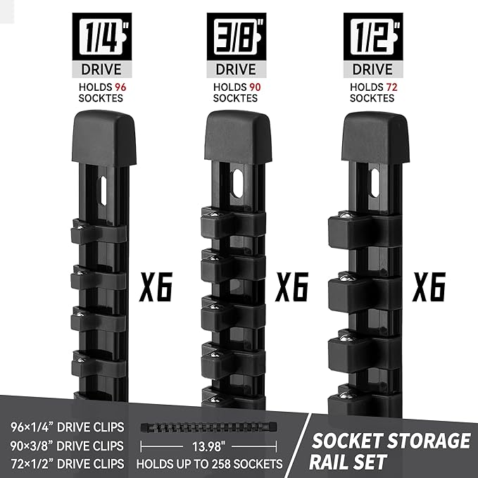 Socket Organizer Drive ABS Tools - Black Socket Holder, Premium Quality 18 Pieces Socket Holders Kit 1/4-Inch x 96 Clips, 3/8-Inch x 90 Clips, 1/2-Inch x 72 Clips（18PC,Black)