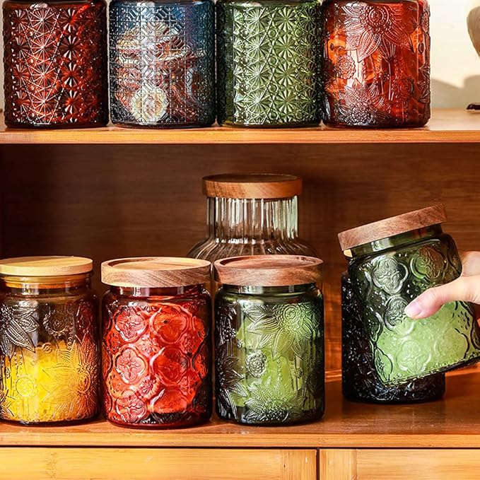 ANSQU Vintage 23.7oz Glass Storage Jar with Solid Wood Lid - Sunflower Kitchen Canister for Tea, Coffee, Candy, Cookies, Bath Salts & Laundry Detergent - Decorative Multi-Purpose Jar (Green, 1 Pack)