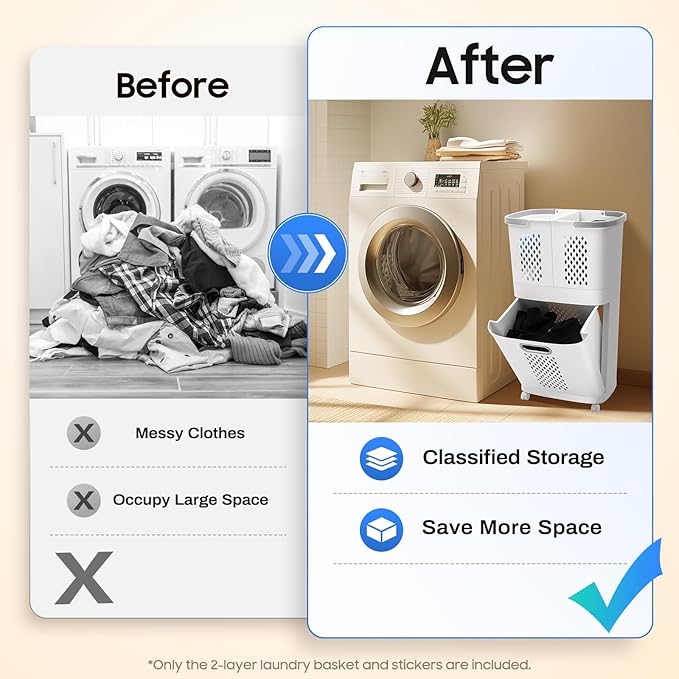 2 Layer Rolling Laundry Hamper Sorter - 4 Wheel Removable Laundry Basket Cart - Portable Multifunctional Storage Organizer - Mobile Laundry Organizer Cart for Bedroom Bathroom Closet