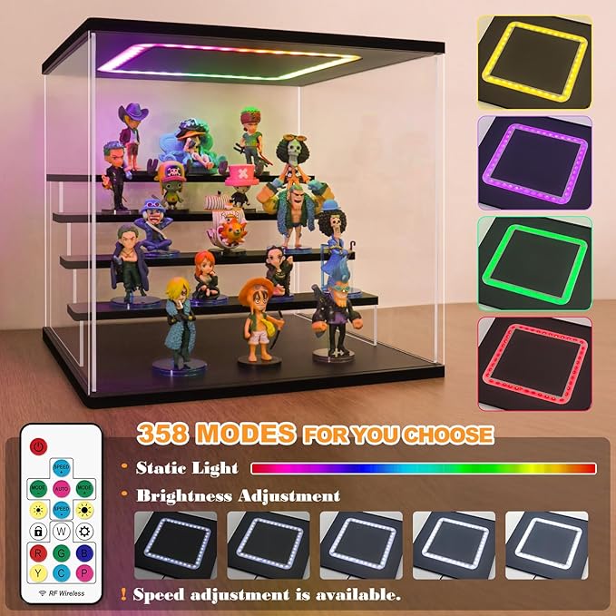 NONEMEY Clear Acrylic Display Case with Light ,3/4/5/6 Tier Multiple Color Lights via Remote Control Dustproof Display Box for Collectibles Figures Mini Toys (3Tier 12.4*7*9inch)