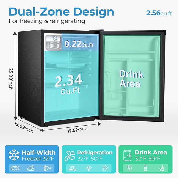 Antarctic Star 2.56 Cu.Ft. Mini Fridge with Freezer, Small Refrigerators with Adjustable Thermostat, Low Noise, Energy Saving, Compact Refrigerators for College Dorm, Office, Bedroom, Apartment, Black