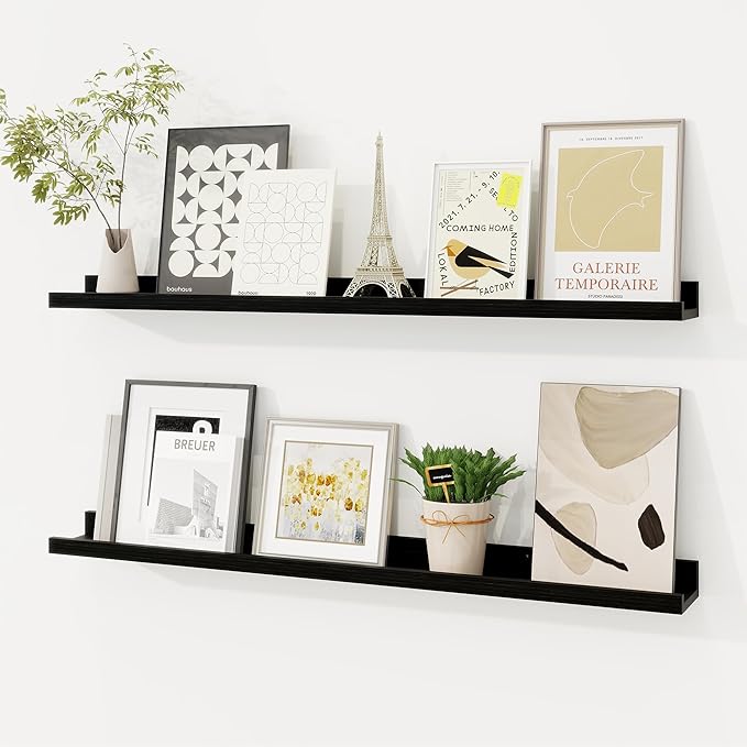 Picture Ledge Shelf, Floating Shelves Set of 2, 32 Inches Solid Wood Nursery Book Shelves for Toys Storage, Kids Bookshelf Wall Mounted for Living Room Bedroom Decor Books Photo Frames, Black