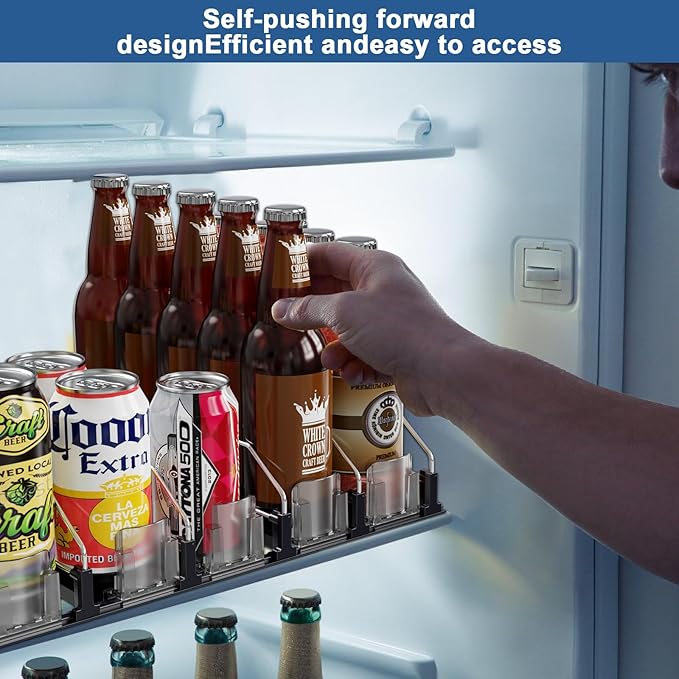 Drink Organizer for Mini Fridge,12oz 16oz 20oz - Soda Can Dispenser for Refrigerator,Width Adjustable,Automatic Pusher Glide (White (Mini 12.2"D), 12.2"D 4ROW, Holds 16 Cans)