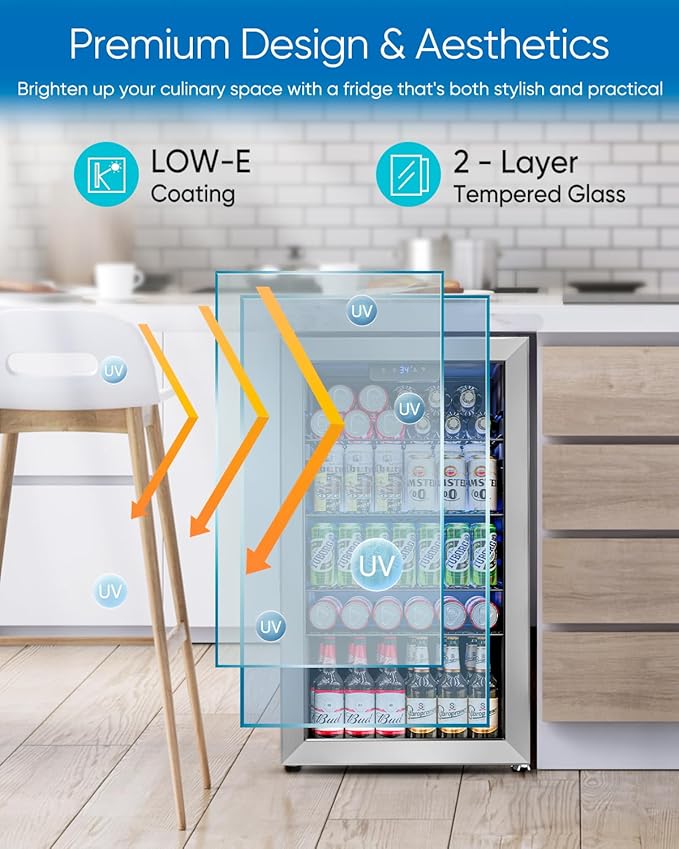 3.2 Cu.Ft Mini Fridge with Glass Door - 126 Can Beverage Refrigerator Cooler for Drink Beer Wine Soda, Small Refrigerator for Bedroom Office Bar Dorm, 4 Adjustable Shelves, Silver