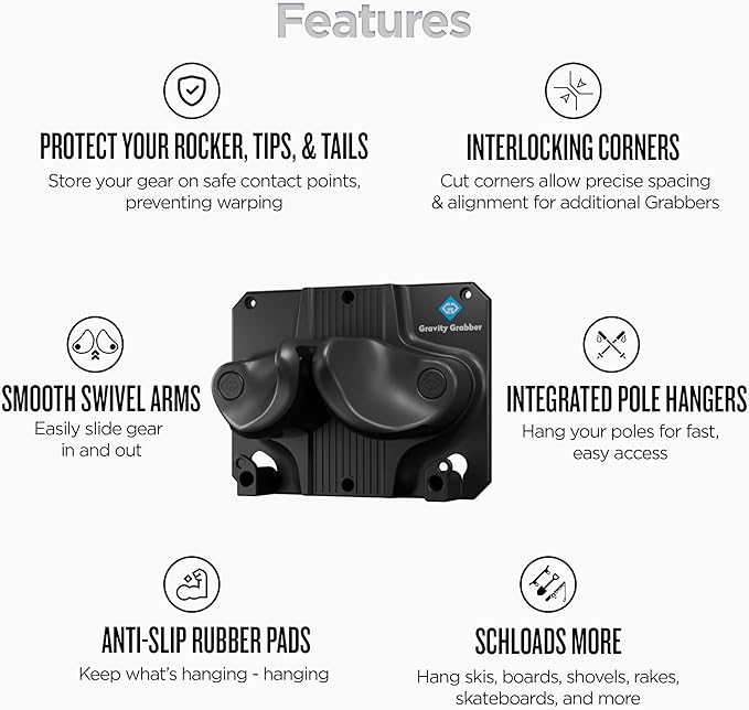 Gravity Grabber Ultimate Ski & Snowboard Wall Storage Rack - Fits any Ski or Snowboard - Save Your Rocker, Tips and Tails - Damage-free - 6x - Black