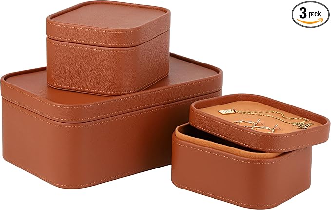 HofferRuffer Faux Leather Decorative Storage Boxes, Dust proof Storage Shelf Baskets with Lids Trays, Storage Bins Memory Box Organizer for Home, Office, Jewelry & More, Set of 3 (Brown)