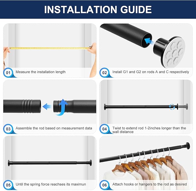 No Drilling Closet Rod, 27.5-94 Inches Hanging Closet Rod for Clothes, Closet Bar & Pole Heavy-duty, Closet Rods for Hanging Clothes For Closet Wardrobes Bathroom Laundry RV Curtains,Black