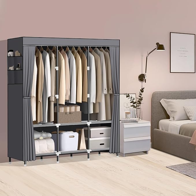 LOKEME Wardrobe Closet,Portable Closet for Bedroom Steel Pipe Diameter 19mm Strong and Sturdy Grey Portable Closets for Hanging Clothes with 3 Hanging rods, 6 Storage Shelves and Side Pockets