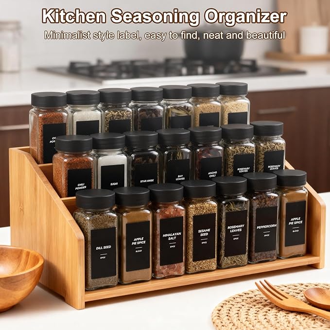 36Pcs Spice Jars Containers with Labels，4oz Black Seasoning Bottles with Shaker Lids for Rack, Cabinet, Drawer,Empty Square Condiment Pots (36, Black)