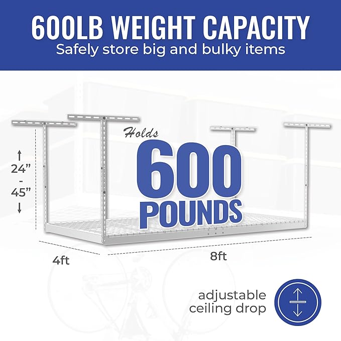 SafeRacks 4 ft x 8 ft Overhead Storage Rack Adjustable 24 in - 45in Height (White) With Accessory Pack With 5-Piece Hook Accessory Pack