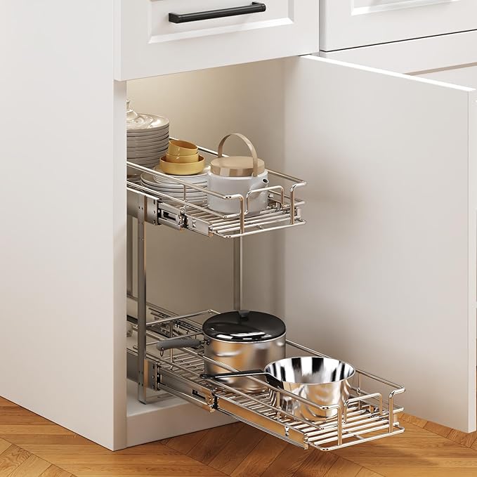 2 Tier Individual Pull Out Cabinet Organizer 7½" W x 21½" D, Heavy Duty Cabinet Pull Out Shelves, Slide Out Drawers Organization for Kitchen Cabinets Bathroom