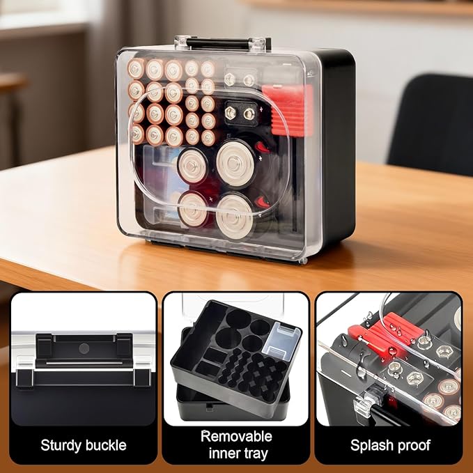 Battery Storage Organizer Box, Holder Container Bag for 28+ AA AAA C D 9V 3V Lithium Button Coin Batteries, Plastic Home Batteries Variety Pack Protective Organization(Case Only), Tester Not Included