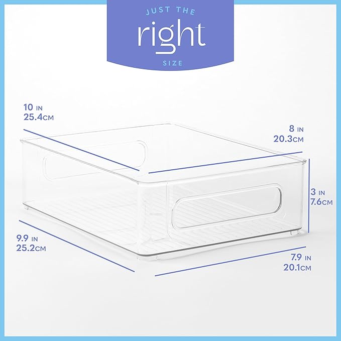 primebox Plastic Food Storage 6 Pack Clear Container Bin with Handles for Organizing Kitchen, Pantry, Refrigerator, Freezer, Pantry, Cabinet, Closet, Bathroom. Stackable 10”x8”x3”