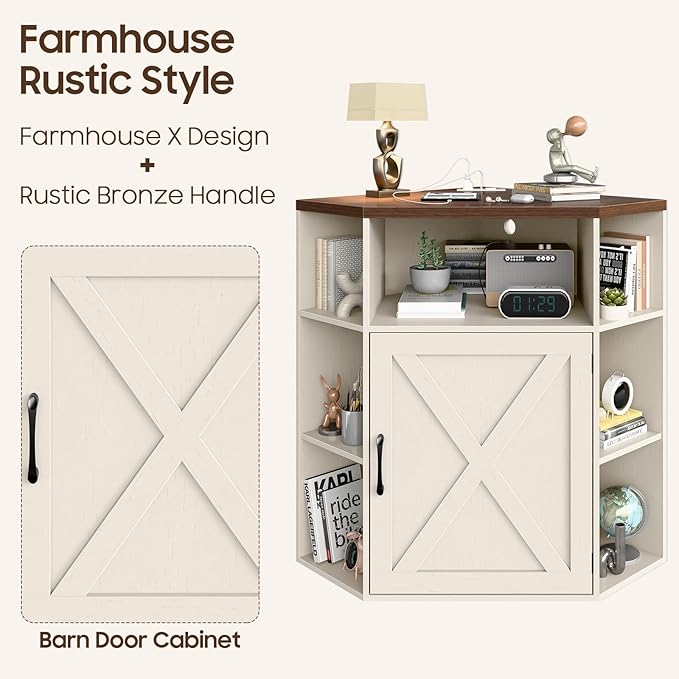 Corner Storage Cabinet, Farmhouse Corner Bookshelf with Storage 6-Cubby Wooden Cabinet with USB Ports and Outlets Industrial Organizer for Small Space, Study, Playroom, Living Room