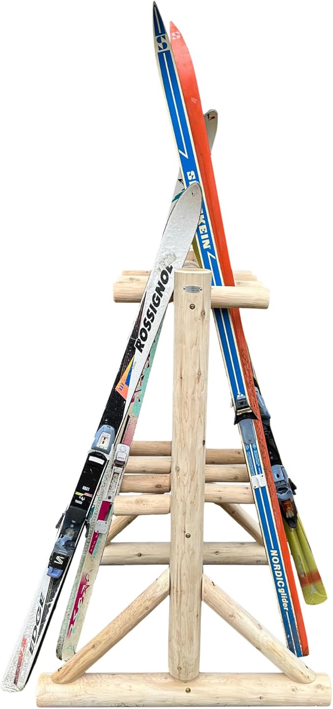 8-Place Freestanding Log Ski Rack Holder, Indoor & Outdoor Snowboard Racks, Standing Storage, Garage Racks for Snow Skis, Durable Snowboard Rack Garage Storage Organizer - Unfinished + 15" Anchor Kit