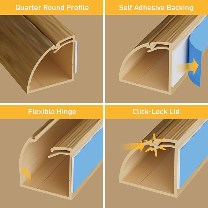 D-Line Cord Cover Kit, 30FT Self-Adhesive Wire Hider, Cable Raceway to Hide Wires on Wall, Cable Management - 6 x 5FT Channels and Accessories (0.87in (W) x 0.87in (H), Stainable Wood-Effect)
