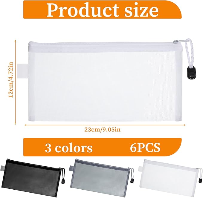 6 PCS Mesh Zipper Makeup Pouch Bags, Nylon Mesh Zipper Cosmetic Bags, Portable Travel Makeup Brush Pouches for Purse Toiletry Bag Organizer Case Diaper (Black, White, Gray)