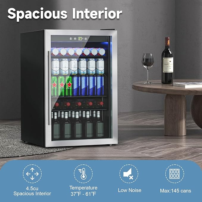 4.5 Cu.Ft Mini Fridge for 145 Cans, Beverage Refrigerator with Glass Door and Digital Display, Small Drink Fridge with Adjustable Shelves for Soda, Beer, or Wine, Compact Fridge for Bar Office