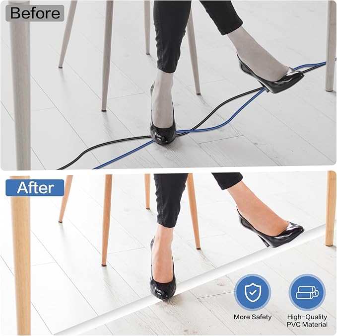 Floor Cord Cover Self Adhesive Cord Hider Floor Extension Cord Covers for Floor Power Cord Protector Cable Management Prevent Cable Trips Cable Cavity 0.47" W x 0.27" H (White, 10Ft)