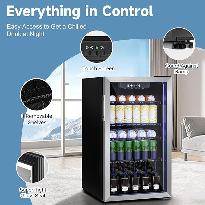 Beverage Refrigerator and Cooler, 110 Can/3.1 Cu Ft Mini Fridge with Glass Door, Adjustable Shelves for Soda,Bee,Wine, Free Standing Small Refrigerator, Digital Display, for Home, Bar, Office