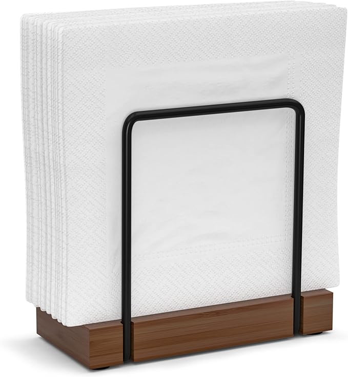 Napkin Holder for Table, Bamboo Iron Standing Napkin Dispenser for Dining Table Farmhouse Cocktail Picnic Rustic Wood Holders All Kitchen Dining Room Decor Black & Brown