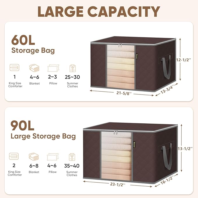 BALEINE 8 Pack Clothes Storage Bags, 24 Gallon Storage Containers with Reinforced Handle, Sturdy Zipper, Closet Organizer for Blanket, Comforter, Pillow, Bedding (Brown, 8 Pack)