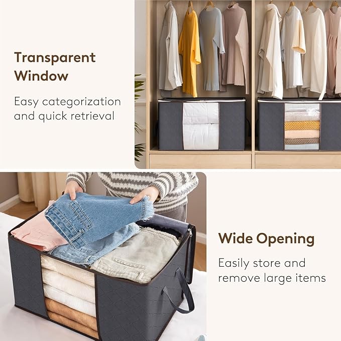 Lifewit 90L Large Storage Bags, Closet Organizers and Storage, Clothes Storage Bins with Lids, Foldable Storage Containers with Reinforced Handles for Clothing, Blanket, Bedding, Comforter 3 Pack Gray