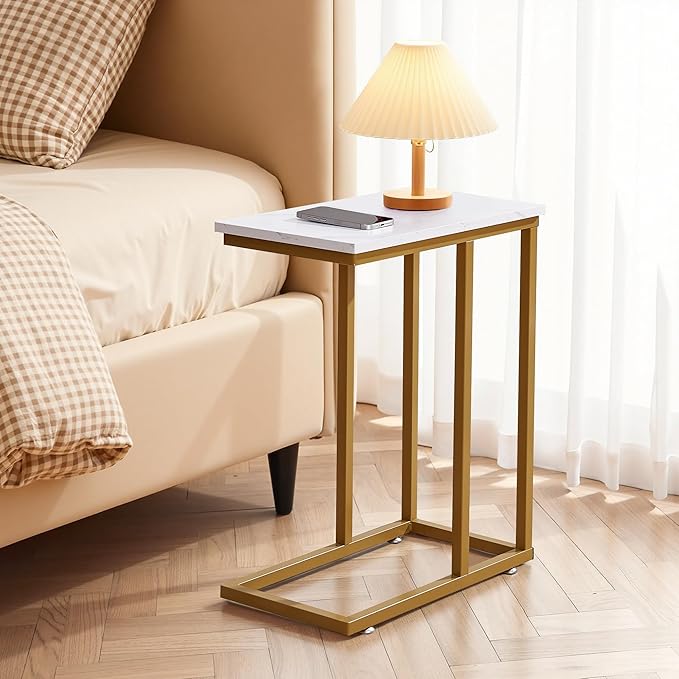 VECELO C Shaped End Side Table for Sofa Couch and Bed Snack TV Tray for Living Room Bedroom, 1 PCS, Gold