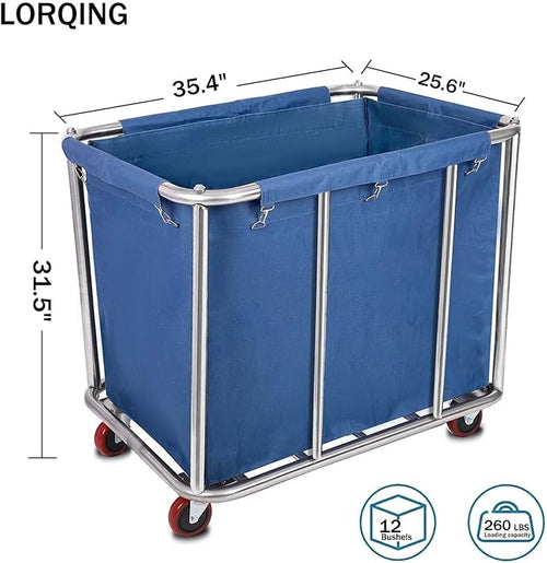 12 Bushels Laundry Cart Commercial/Home,Heavy Duty Large Stainless Steel Rolling Laundry Basket with Wheels，for Laundry Organizer and Storage,260LBS Load (12 Bushels - Blue - 8 Tubes)