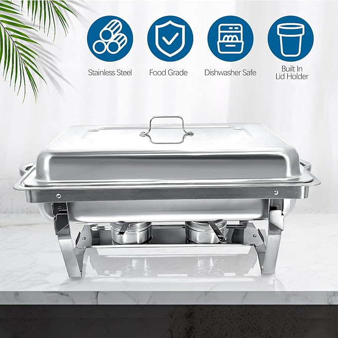 Chafing Dish for Buffet, 2 Pack Stainless Steel Chafing Servers Food Warmer Set with 8QT Half Size Food Pan for Kitchen Party Banquet Dining