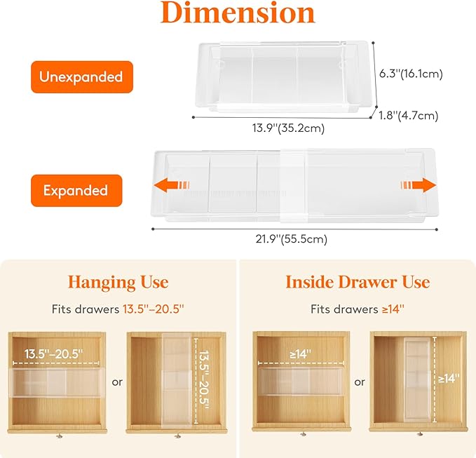 Lifewit 3 Pack Sliding Makeup Drawer Organizer Trays with Inserts, Extendable Hanging Desk Drawer Divider, 14-23" Long/1.8" High Plastic Organizer Tray in Vanity/Bathroom/Office/Kitchen, Translucent