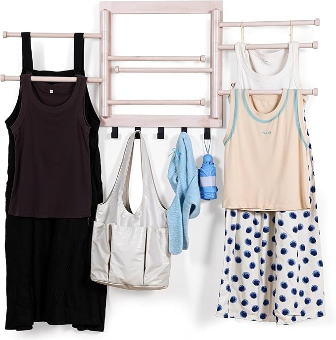 Wall Mounted Drying Rack - Clothes Drying Rack Wall Mounted for Laundry - 20 INCH - with 5 Hooks and 8 arms - 80 lbs Capacity - White Bamboo