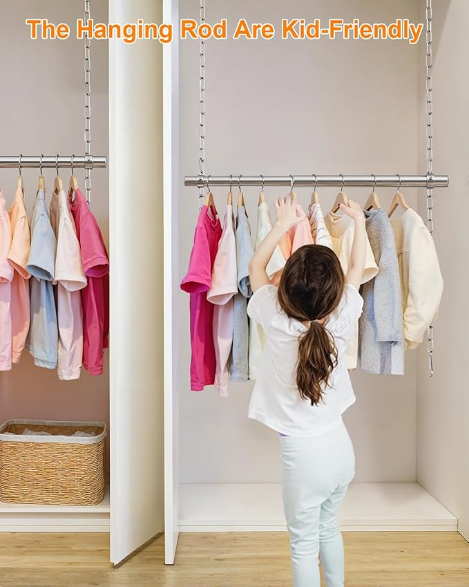 Hanging Closet Rod, Adjustable Width and Height Closet Rods Extender, 17-28inch Heavy-Duty Stainless Steel Bar, Space-Saving Closet Rod Hanging Clothes, 1Pack(Silver)