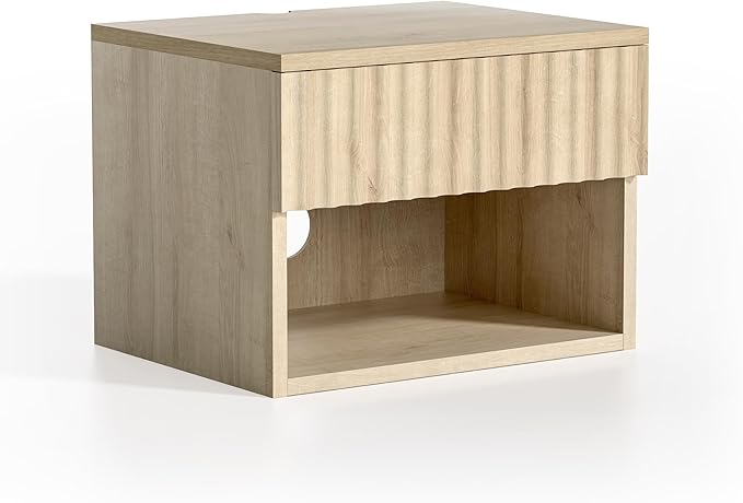 Floating Nightstands Set of 3 with Drawer and Open Shelf, Small Wall Mounted Bedside End Table, Modern Fluted Night Stand for Bedroom, Living Room, Light Oak