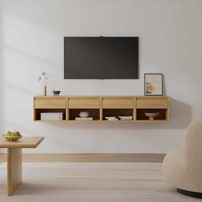 Floating Nightstand Set of 3, Wall Mounted Bedside Table with Storage Drawer and Open Shelf, Modern Night Stand with Handless Design for Living Room, Bedroom, Dorm, Natural Oak