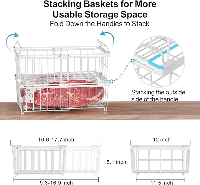 iSPECLE Chest Freezer Organizer - Fit 10 to 20 Cu.FT Freezer, 3 Pack Large Expandable Stackable Deep Freezer Organizer Bins Sort Frozen Food and Easily Get with Handle, Improve Air Circulation,White