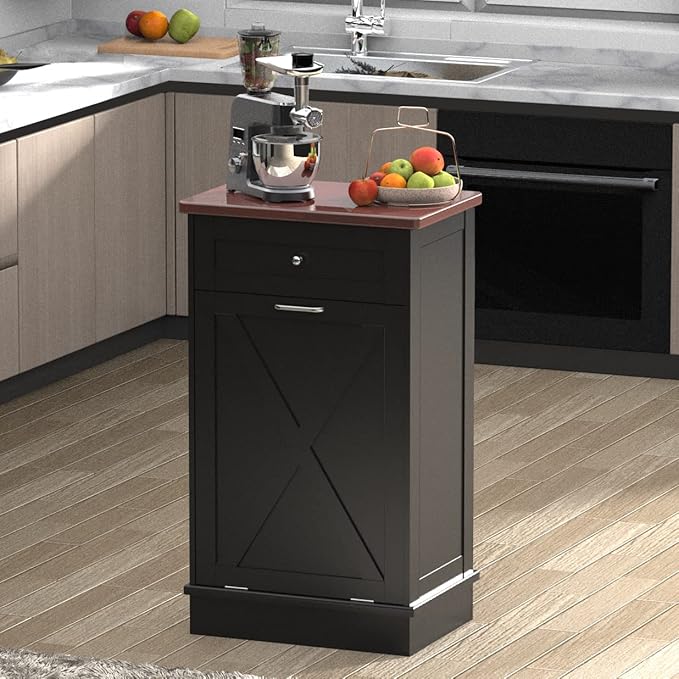 Betterhood Tilt Out Trash Cabinet 10 Gallon Wooden Free Standing Laundry Sorter Cabine,Recycling Cabine with Hideaway Drawer,Tilt Out Trash Cabinet Can Bin Kitchen (Black)