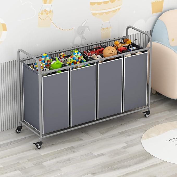 Laundry Sorter 4 Section Hamper Sorter with Heavy Duty Lockable Rolling Wheels Removable Bags Basket Separator for Dirty Clothes Storage, Grey