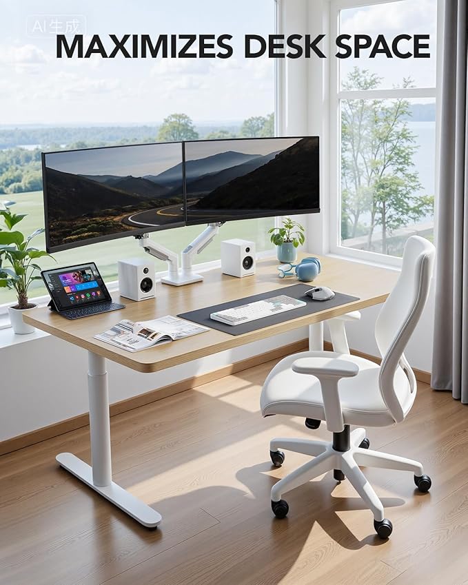 HUANUO Dual Monitor Stand - Full Adjustable Monitor Desk Mount Swivel Vesa Bracket with C Clamp, Grommet Mounting Base for 13 to 32 Inch Computer Screens - Each Arm Holds 4.4 to 19.8lbs - White
