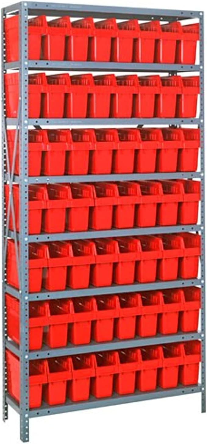 QUANTUM STORAGE SYSTEMS 1275-SB809RD Solid Heavy Duty 8 Shelves 21 STORE-MAX Red Bins 75" H x 36" W x 12" D
