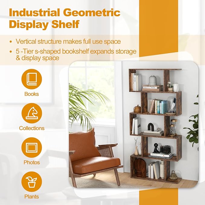 5-Tier Geometric Bookcase Set of 2, 62.5” Freestanding Room Divider Bookshelf with Open Display Shelves & Anti-tip Device, Wood S-Shaped Storage Organizer for Living Room, Bedroom & Home Office