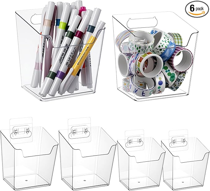 6 Pcs Clear Adhesive Wall Storage Bins, Small Cabinet Door Organizer Holders, Hanging Wall Mount Pockets, Plastic Cups for Shower Bathroom Makeup Office Craft Remote Kitchen Sink RV Organization