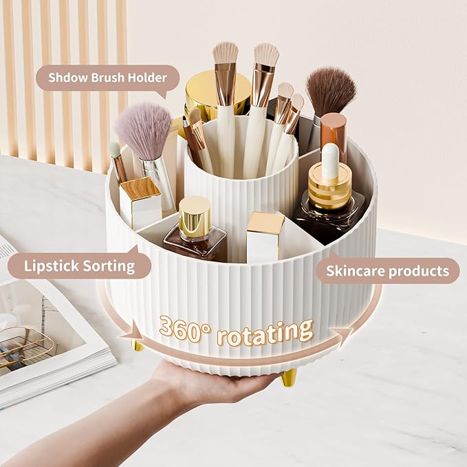 360° Rotating Desktop Women Brush Holder Organizer, Makeup Organizers Countertop,Makeup organization and Skincare Storage for Vanity, Desktop, Bathroom (White-1)