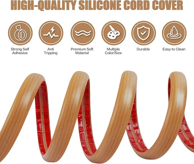 Floor Cord Cover Self Adhesive Cord Hider,3.3FT Cable Management, Extension Strip Protector for Wires, Prevent Cable Trips for Offices, Gyms, Exhibitions Cavity:0.39"(W) x 0.27"(H) Brown Wood