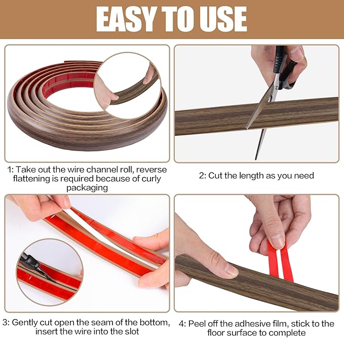 Floor Cord Cover Self Adhesive Cord Hider,3.3FT Cable Management, Extension Strip Protector for Wires, Prevent Cable Trips for Offices, Gyms, Exhibitions Cavity:0.3"(W) x 0.28"(H) Wood Walnut