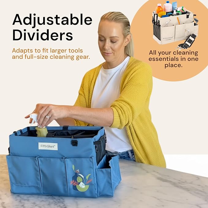 FifthStart Multiuse Cleaning Caddy - Adjustable Straps & Caddy Organizer with Handle - Mesh Base & 9 Pockets Organizer Bag - 5 Dividers & Washable Fabric Cleaning Tote (beige, XL)