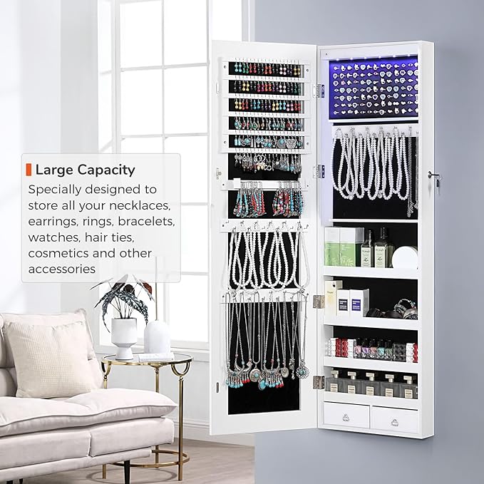 GISSAR Full Length Mirror Jewelry Cabinet, 6 LEDs Jewelry Armoire Wall Mounted Over The Door Hanging, Jewelry Organizer Storage with Lights Lockable, Bright White, 14.6" x 47.2"