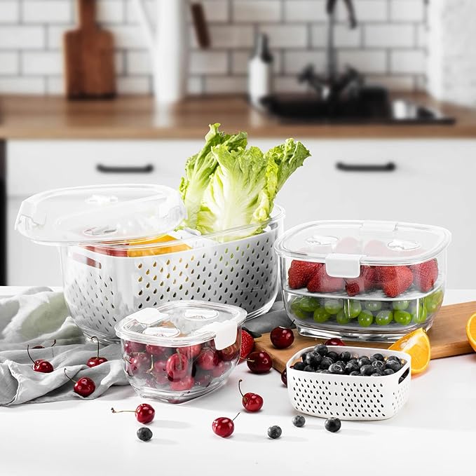 LUXEAR Fresh Produce Vegetable Fruit Storage Containers 3Piece Set, BPA-free, Partitioned Salad Container, Fridge Organizers, Used in Storing Fruits Vegetables, White